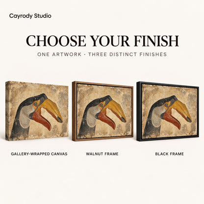 Rustic Toucan artwork finish chart showing gallery wrapped canvas, walnut frame, and black frame options.