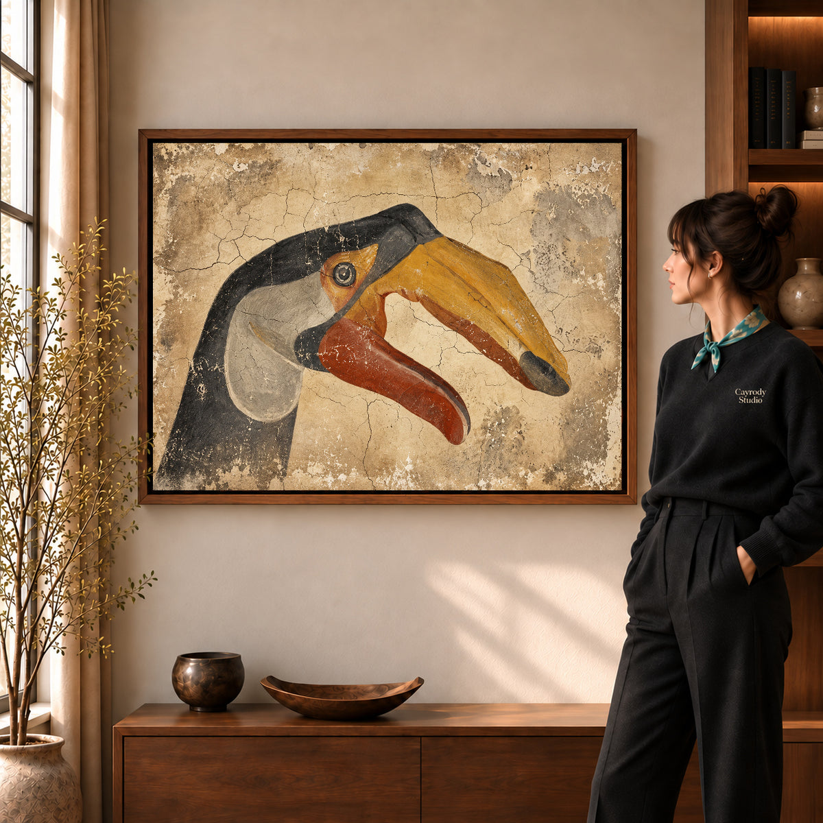 Walnut framed rustic toucan artwork scene assigned to all six walnut framed canvas sizes.
