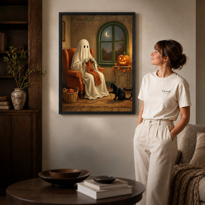 Black framed cozy knitting ghost canvas art displayed beside a woman in a warm neutral living room.
