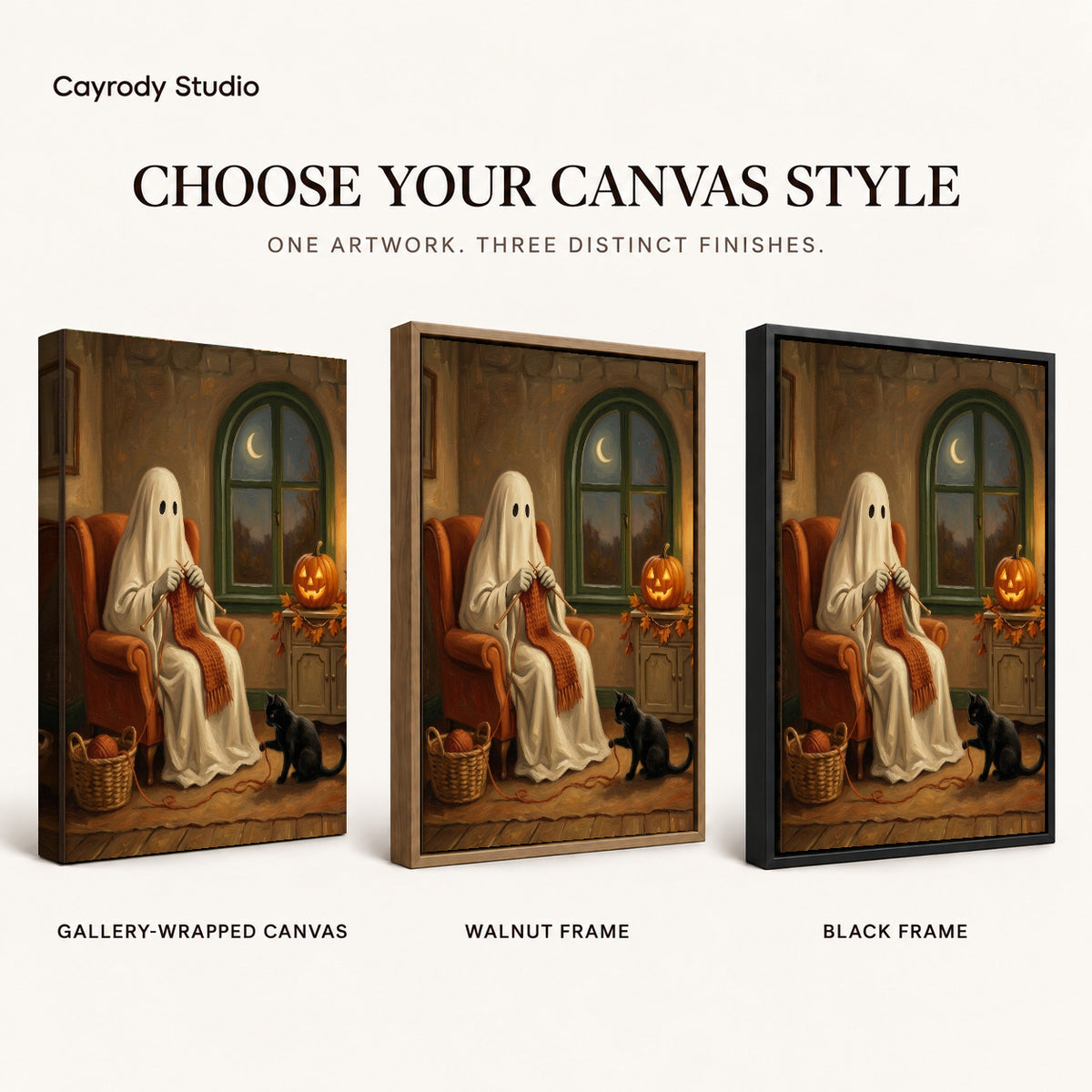 Cozy knitting ghost canvas art finish chart showing gallery wrapped canvas, walnut frame, and black frame options.