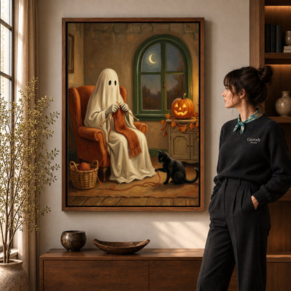 Walnut framed cozy knitting ghost canvas art room scene assigned to all six walnut framed canvas sizes.