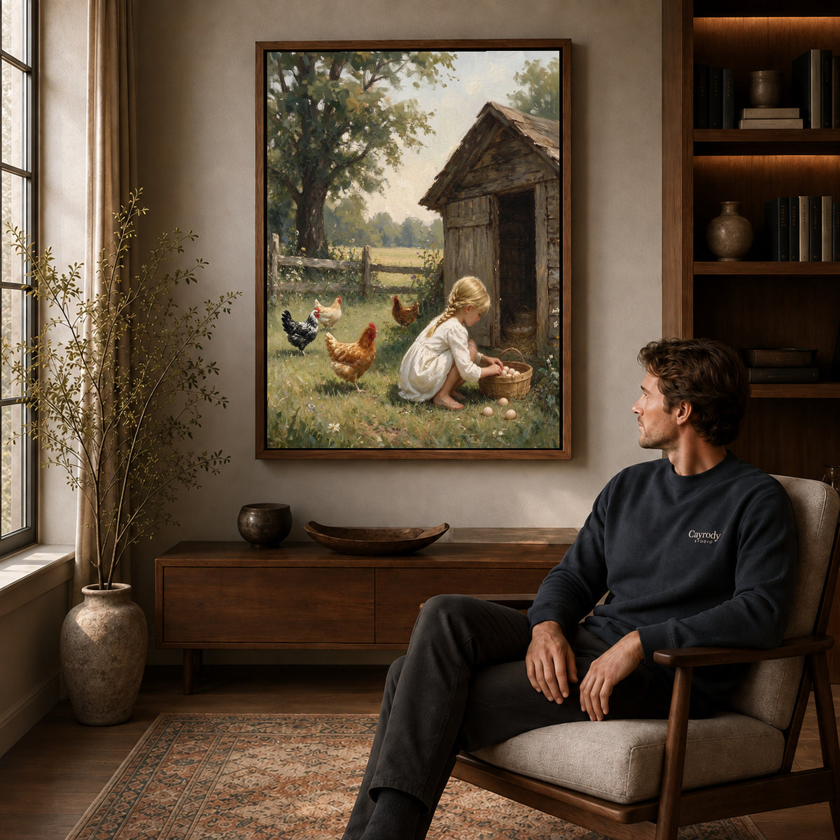 Walnut framed girl gathering eggs canvas art displayed above a seated man in a wood furnished living room.