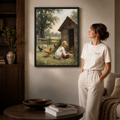 Black framed girl gathering eggs canvas art room scene assigned to all six black framed canvas sizes.
