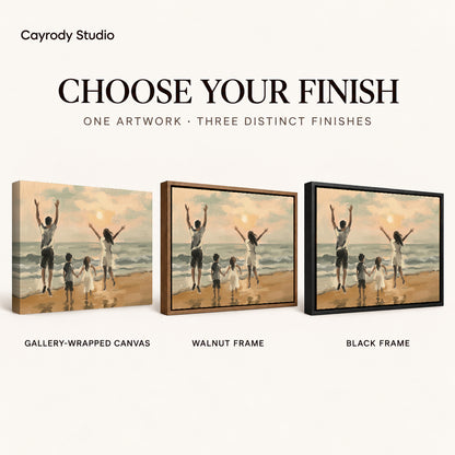 Family beach sunset canvas art finish chart showing gallery wrapped canvas, walnut frame, and black frame options.