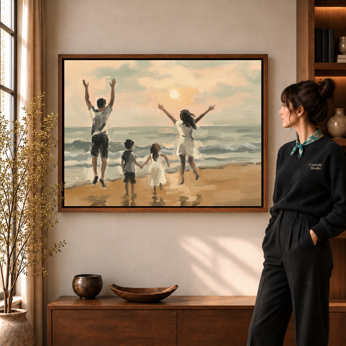 Walnut framed family beach sunset canvas art room scene assigned to all six walnut framed canvas sizes.
