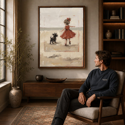Walnut framed girl and dog canvas art displayed above a seated man in a wood furnished living room.