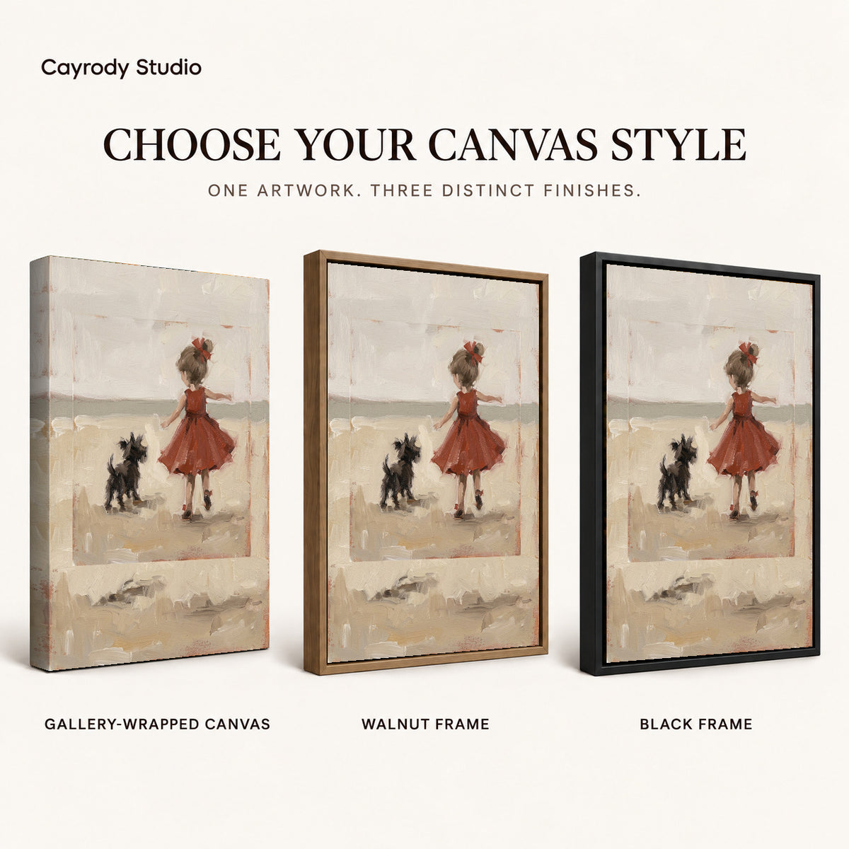 Girl and dog canvas art finish chart showing gallery wrapped canvas, walnut frame, and black frame options.