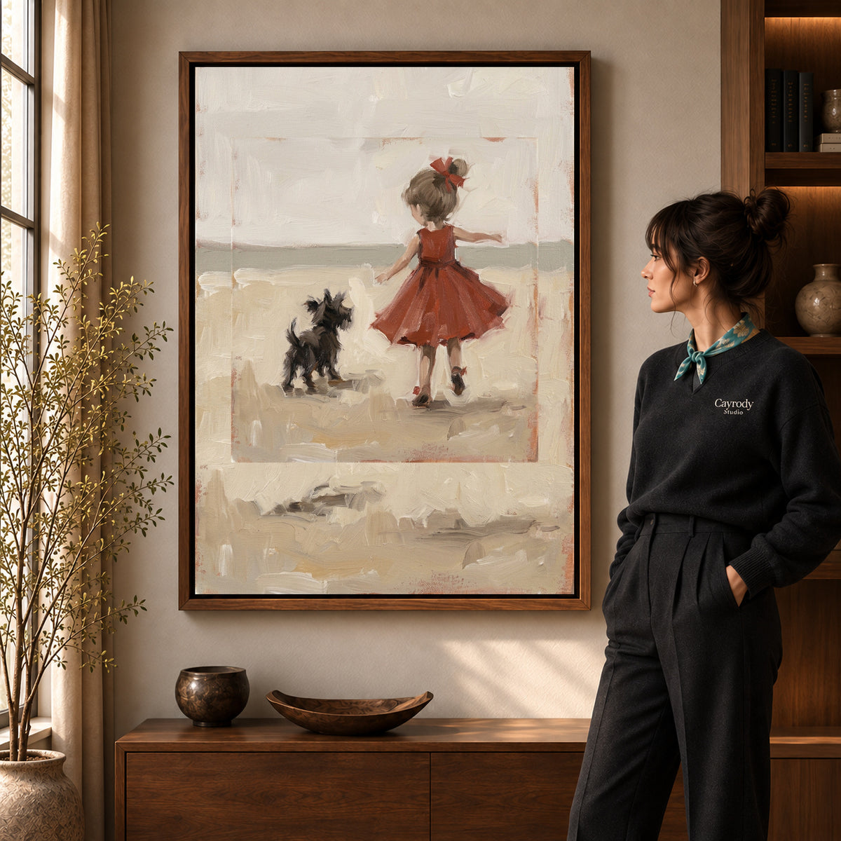 Walnut framed girl and dog canvas art room scene assigned to all six walnut framed canvas sizes.