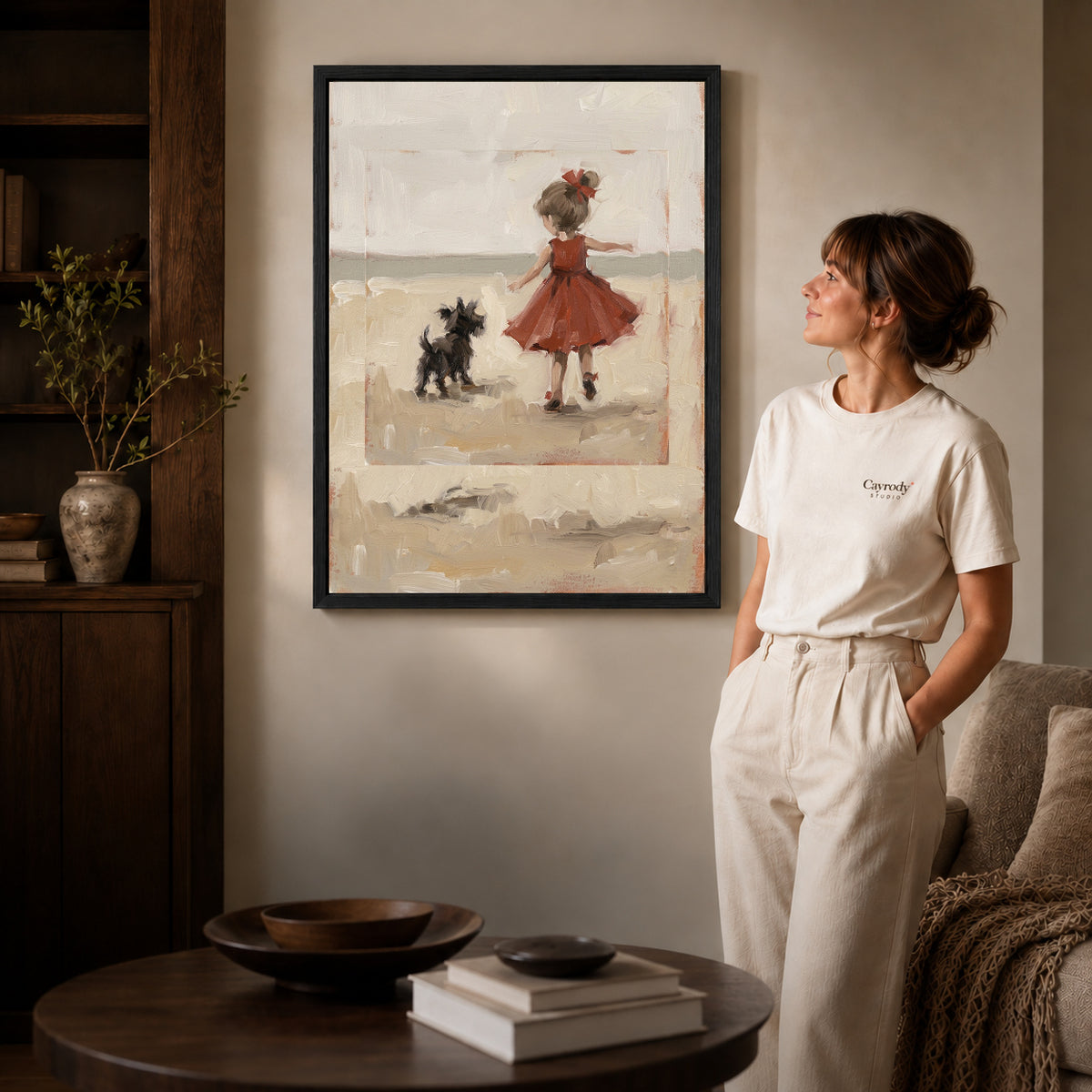 Black framed girl and dog canvas art room scene assigned to all six black framed canvas sizes.