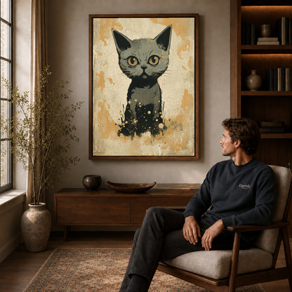Walnut framed golden eyed kitten canvas art displayed above a seated man in a wood furnished living room.