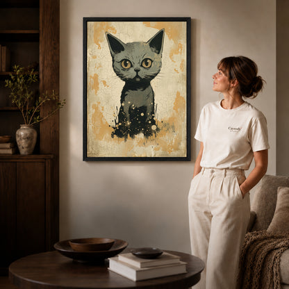 Black framed golden eyed kitten canvas art displayed beside a woman in a warm neutral living room.