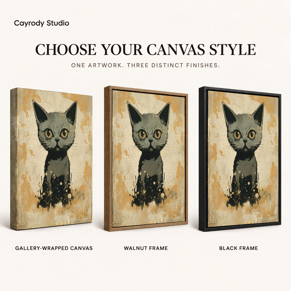 Golden eyed kitten canvas art finish chart showing gallery wrapped canvas, walnut frame, and black frame options.