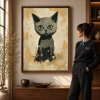 Walnut framed golden eyed kitten canvas art room scene assigned to all six walnut framed canvas sizes.