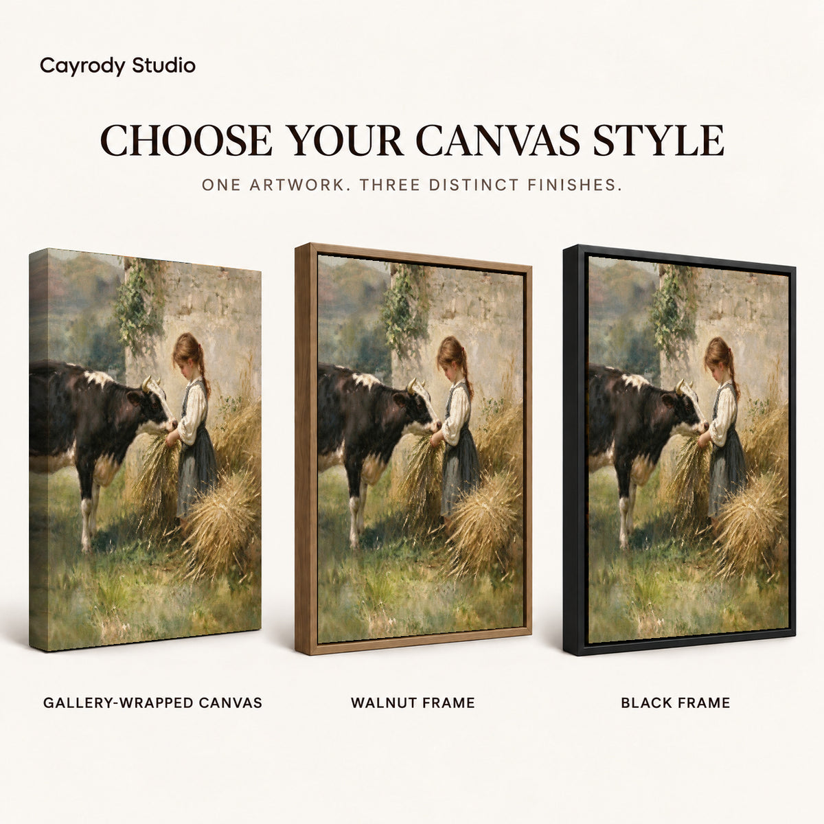 Girl feeding cow canvas art finish chart showing gallery wrapped canvas, walnut frame, and black frame options.