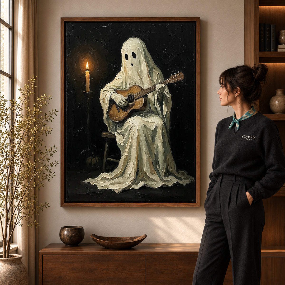 Ghost guitarist canvas art in a walnut frame beside a standing woman in a warm living room.