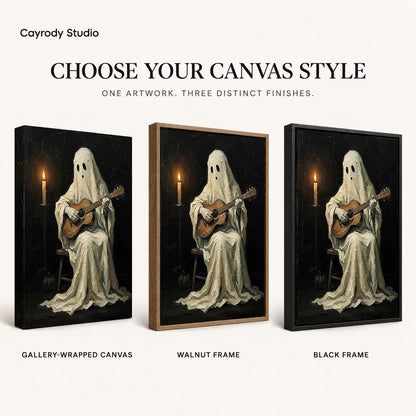 Ghost guitarist canvas art finish chart showing gallery wrapped canvas, walnut frame, and black frame options.