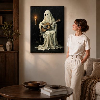 Gallery wrapped ghost guitarist canvas art room scene assigned to all six unframed wrapped canvas sizes.