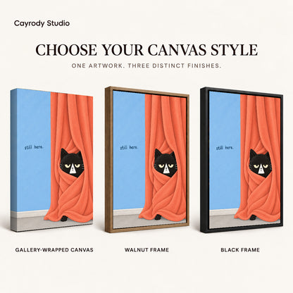 Curtain black cat canvas art finish chart showing gallery wrapped canvas, walnut frame, and black frame options.