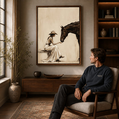 Walnut framed woman and horse canvas art displayed above a seated man in a wood furnished living room.