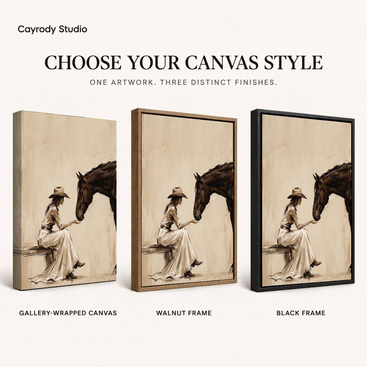 Woman and horse canvas art finish chart showing gallery wrapped canvas, walnut frame, and black frame options.