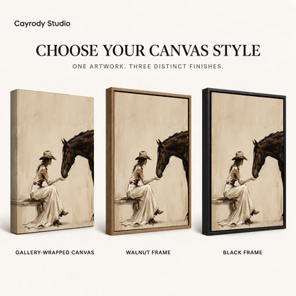 Woman and horse canvas art finish chart showing gallery wrapped canvas, walnut frame, and black frame options.