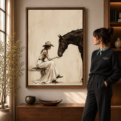 Walnut framed woman and horse canvas art room scene assigned to all six walnut framed canvas sizes.