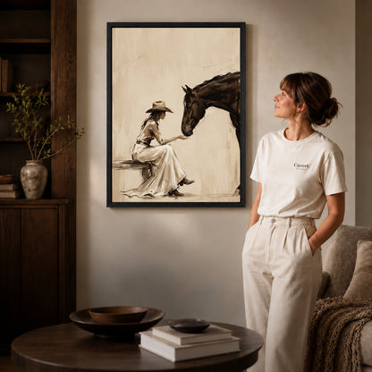 Black framed woman and horse canvas art room scene assigned to all six black framed canvas sizes.