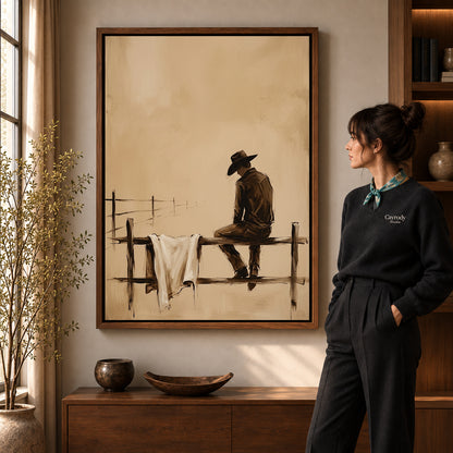 Sepia cowboy canvas art in a walnut frame beside a standing woman in a warm living room.