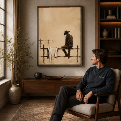 Walnut framed sepia cowboy canvas art displayed above a seated man in a wood furnished living room.
