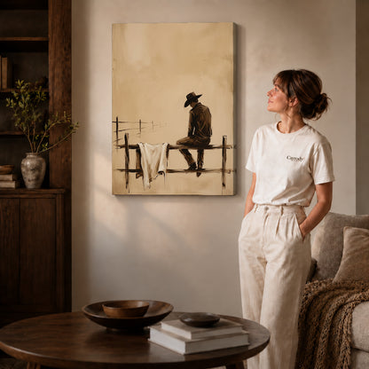 Gallery wrapped sepia cowboy canvas art with naturally shaded canvas edges beside a woman wearing cream clothing.