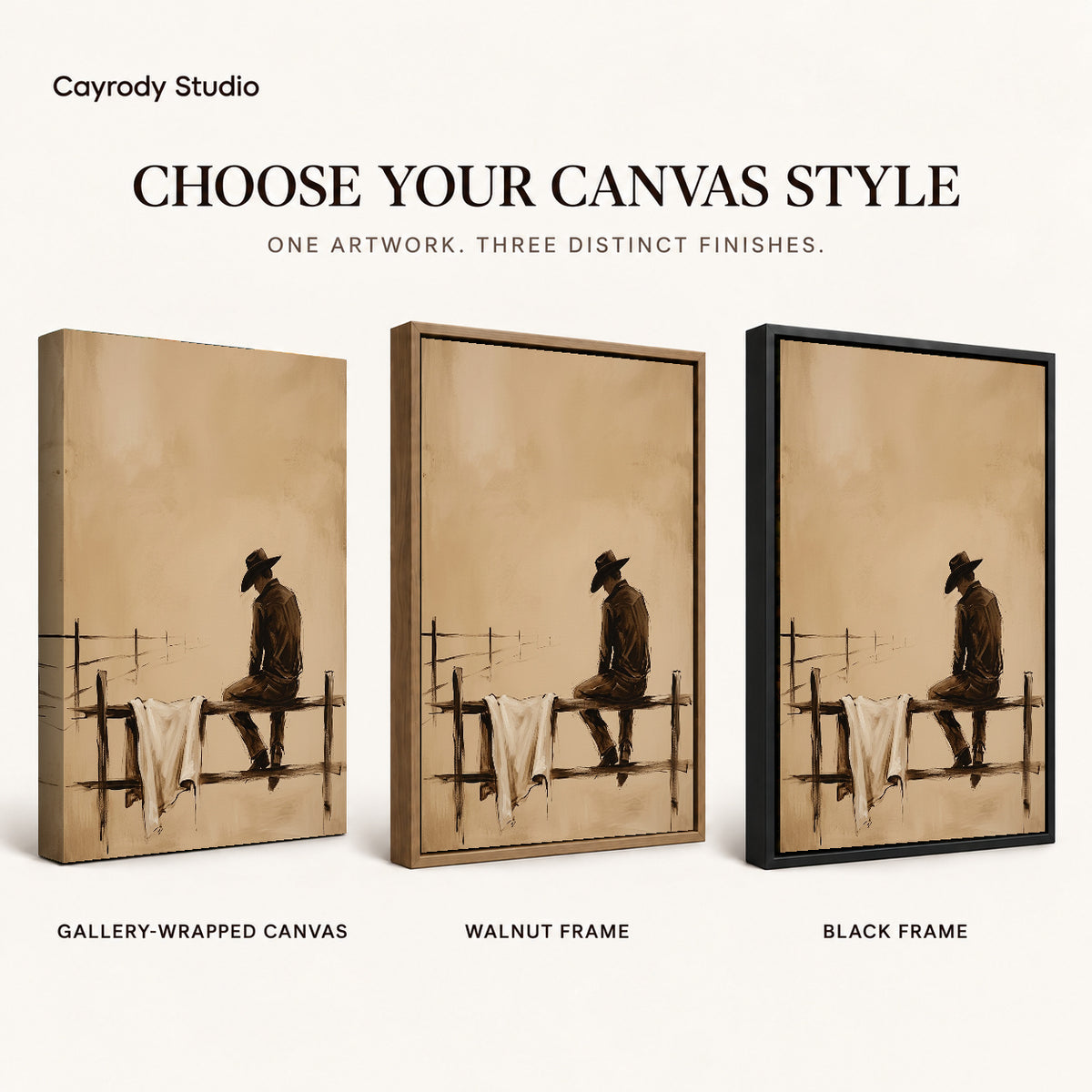 Sepia cowboy canvas art finish chart showing gallery wrapped canvas, walnut frame, and black frame options.