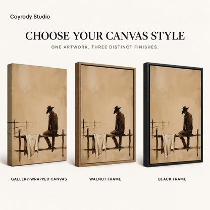 Sepia cowboy canvas art finish chart showing gallery wrapped canvas, walnut frame, and black frame options.