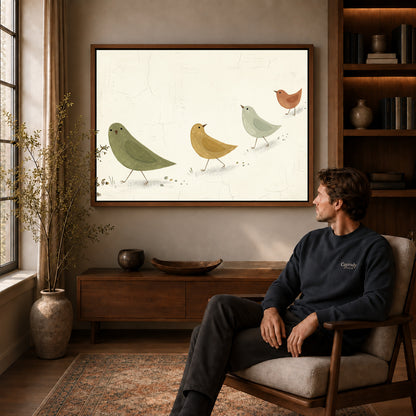 Walnut framed muted folk birds canvas art displayed above a seated man in a wood furnished room.