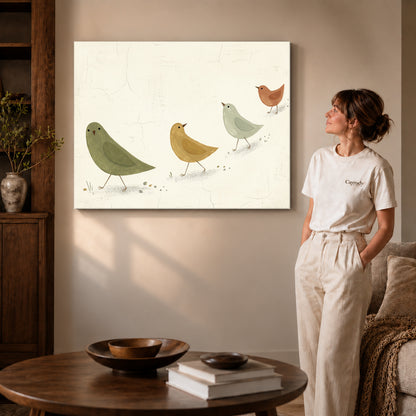 Gallery wrapped muted folk birds canvas art with naturally shaded canvas edges beside a woman wearing cream clothing.