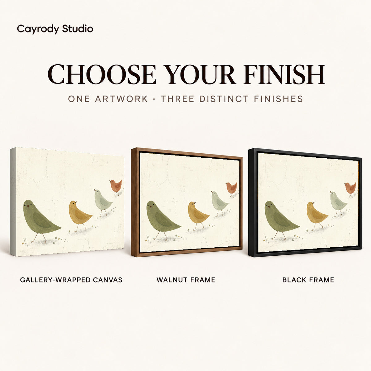 Muted folk birds canvas art finish chart showing gallery wrapped canvas, walnut frame, and black frame options.