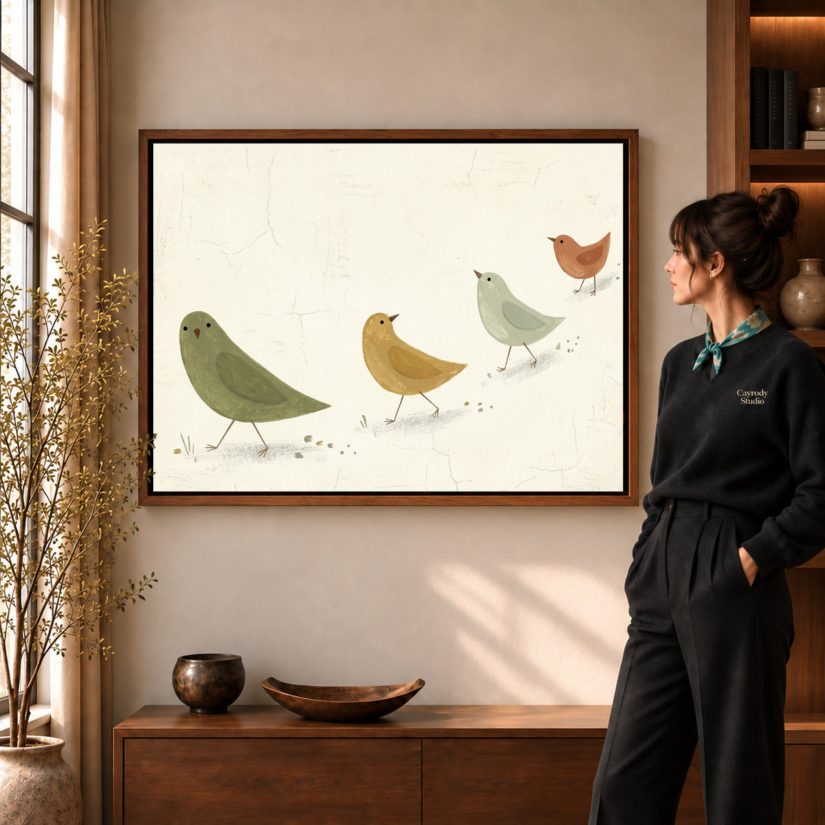 Walnut framed muted folk birds canvas art room scene assigned to all six walnut framed canvas sizes.