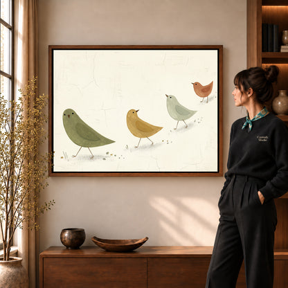 Walnut framed muted folk birds canvas art room scene assigned to all six walnut framed canvas sizes.