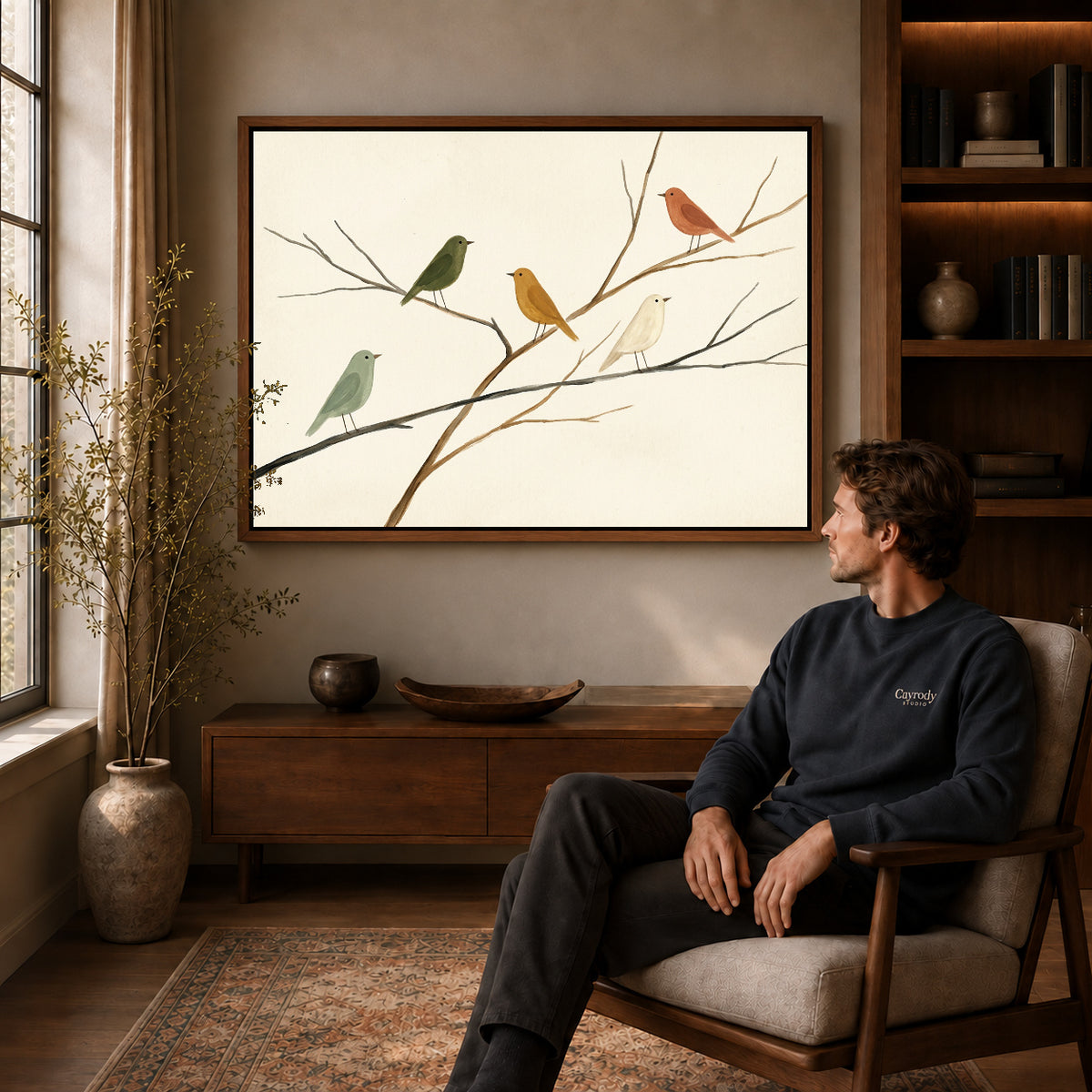 Walnut framed birds on branches canvas art displayed above a seated man in a wood furnished room.