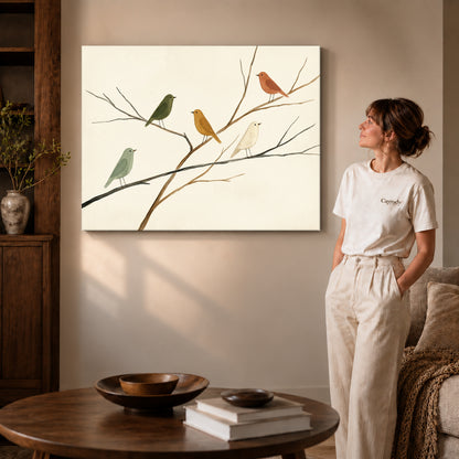 Gallery wrapped birds on branches canvas art with naturally shaded canvas edges beside a woman wearing cream clothing.