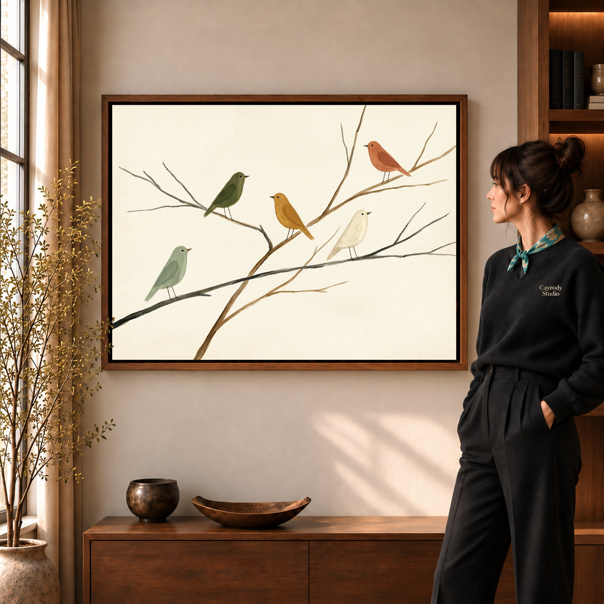 Walnut framed birds on branches canvas art room scene assigned to all six walnut framed canvas sizes.