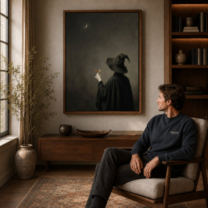 Walnut framed moody witch toast canvas art displayed above a seated man in a wood furnished room.
