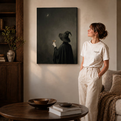Gallery wrapped moody witch toast canvas art with naturally shaded canvas edges beside a woman wearing cream clothing.