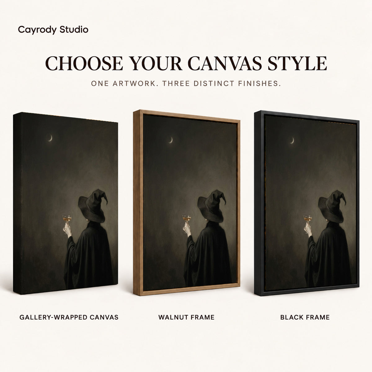 Moody witch toast canvas art finish chart showing gallery wrapped canvas, walnut frame, and black frame options.