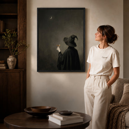 Black framed moody witch toast canvas art room scene assigned to all six black framed canvas sizes.
