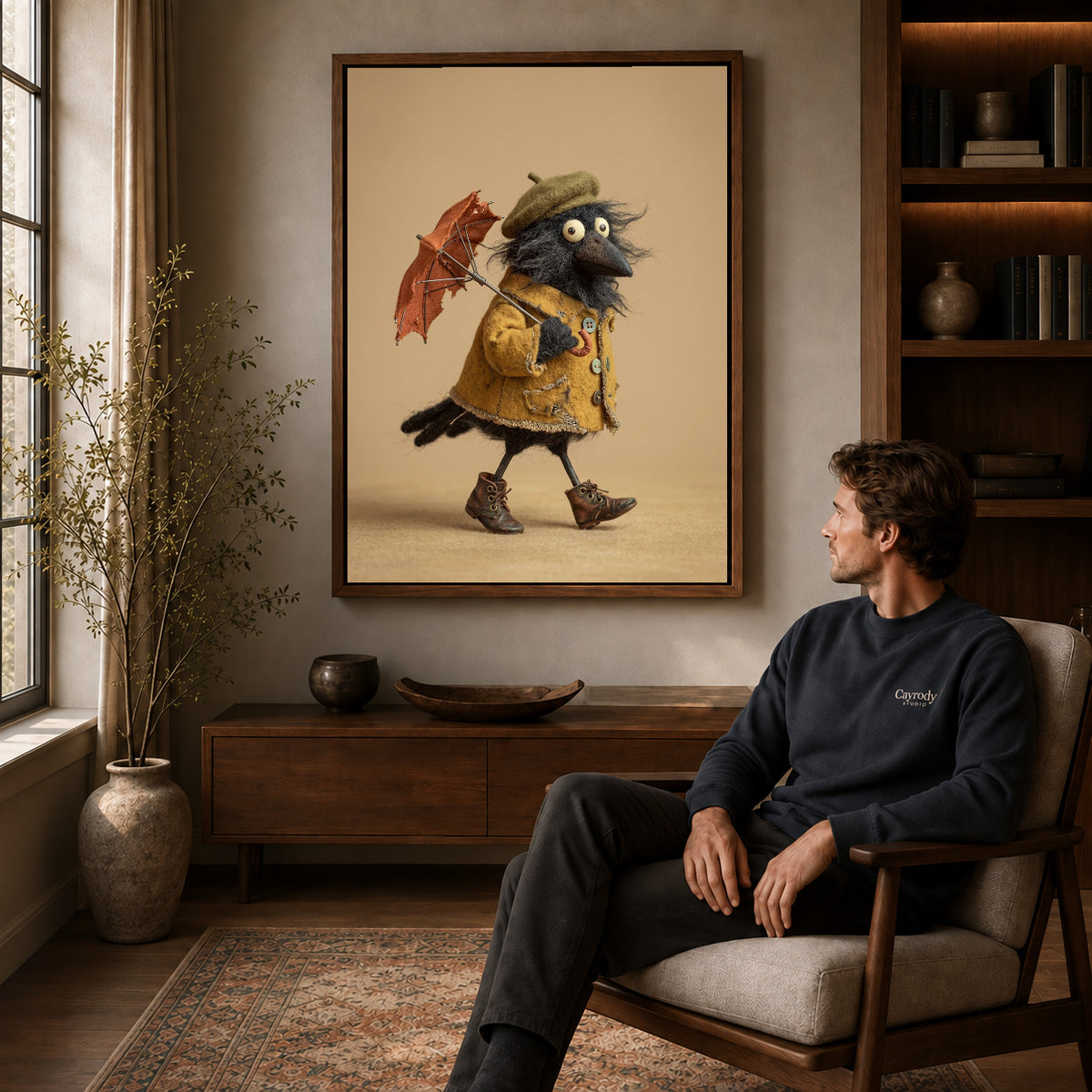 Walnut framed umbrella crow canvas art displayed above a seated man in a wood furnished living room.