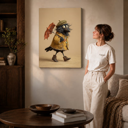 Gallery wrapped umbrella crow canvas art with naturally shaded canvas edges beside a woman wearing cream clothing.