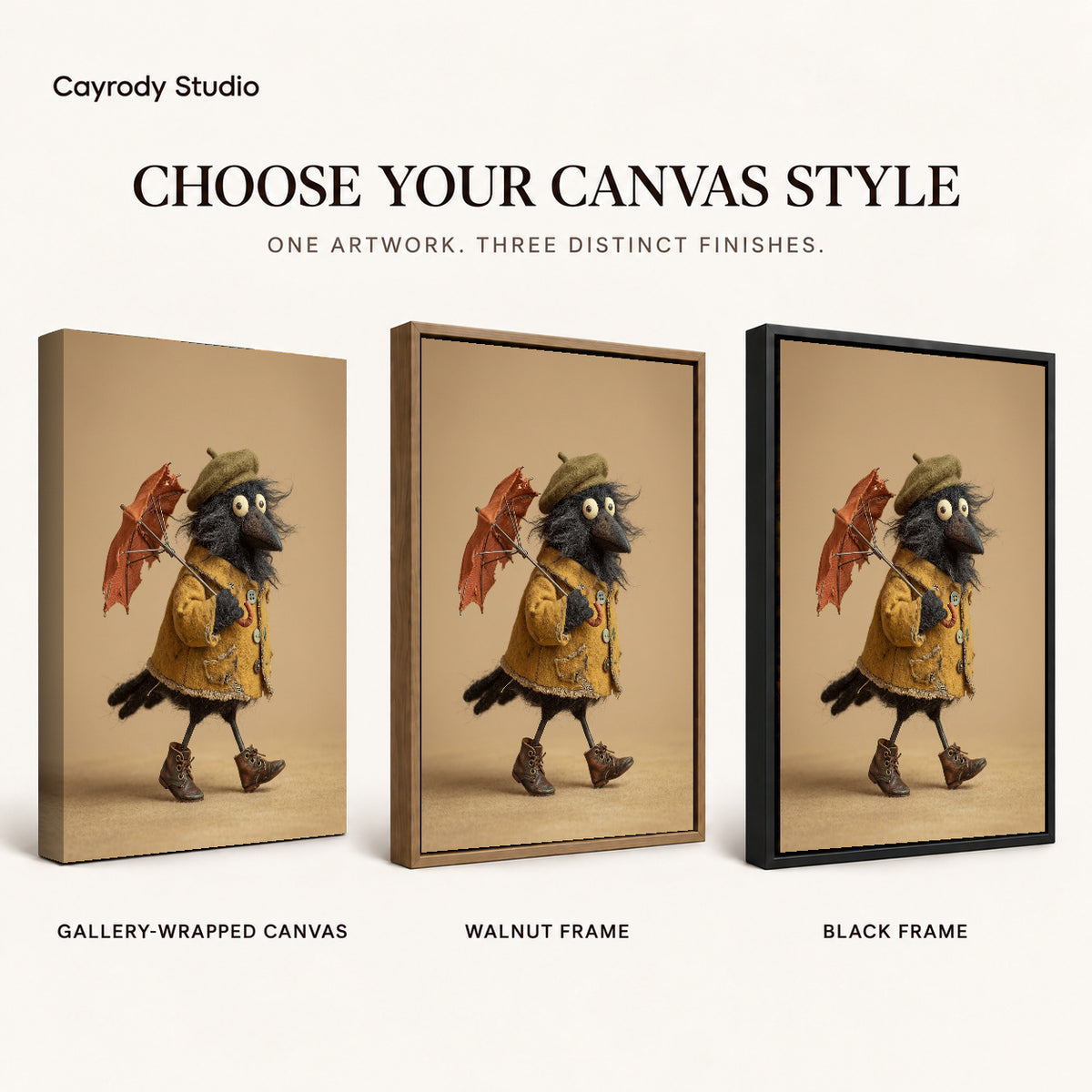 Umbrella crow canvas art finish chart showing gallery wrapped canvas, walnut frame, and black frame options.