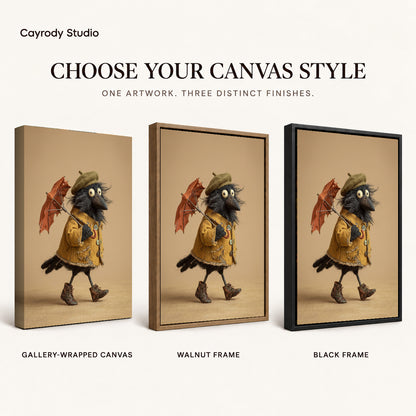 Umbrella crow canvas art finish chart showing gallery wrapped canvas, walnut frame, and black frame options.