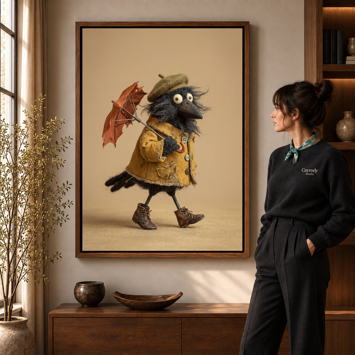 Walnut framed umbrella crow canvas art room scene assigned to all six walnut framed canvas sizes.