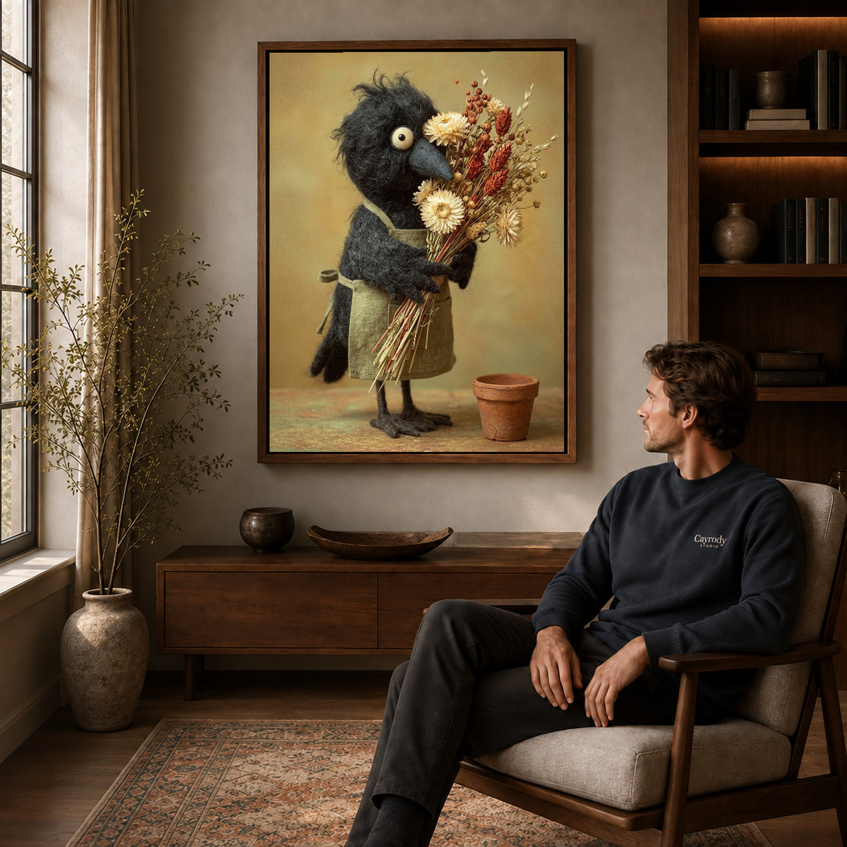 Walnut framed florist crow canvas art displayed above a seated man in a wood furnished living room.